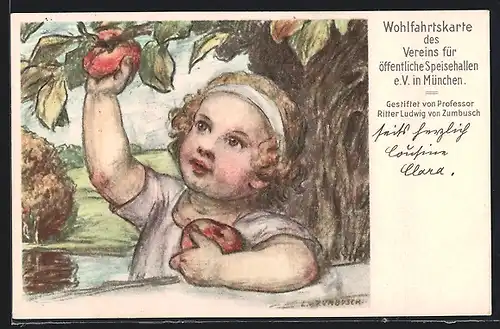 Künstler-AK Ludwig von Zumbusch: Kind pflückt einen Apfel, Kinderfürsorge