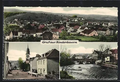 AK Kinderbeuern, Strassenpartie mit Gemischtwaren Kohlen von M. Vogt, Wasserpartie mit Brücke, Ortsansicht