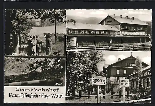 AK Bayr. Eisenstein /Bayr. Wald, Grenzbahnhof, Landesgrenze, Ortspartie mit Soldaten