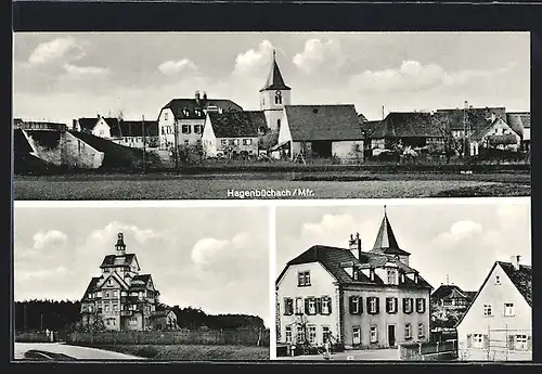 AK Hagenbüchach /Mfr., Ortspartie, Turmvilla, Panorama des Ortes