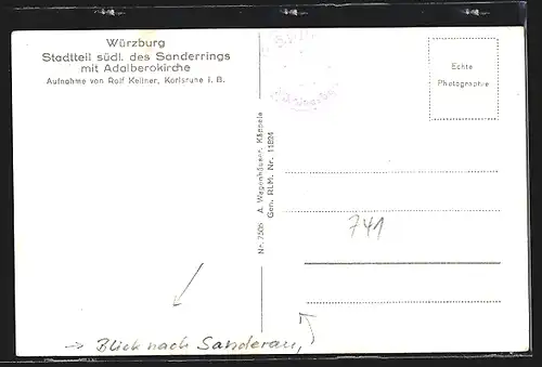 AK Würzburg, Stadtteil südlich des Sanderrings mit Adalberokirche aus der Vogelschau, Blick nach Sanderau