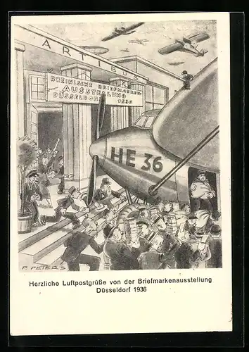 AK Düsseldorf, Rheinische Briefmarken-Ausstellung Düsseldorf 1936, Männer laden Luftpost ins Flugzeug, Ganzsache