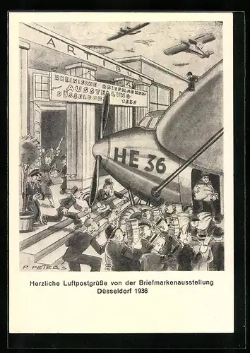 Künstler-AK Düsseldorf, Rheinische Briefmarken-Ausstellung 1936, Luftpostgrüsse Luftpost, Ganzsache