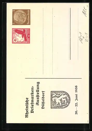 Künstler-AK Düsseldorf, Rheinische Briefmarken-Ausstellung 1936, Luftpostgrüsse Luftpost, Ganzsache