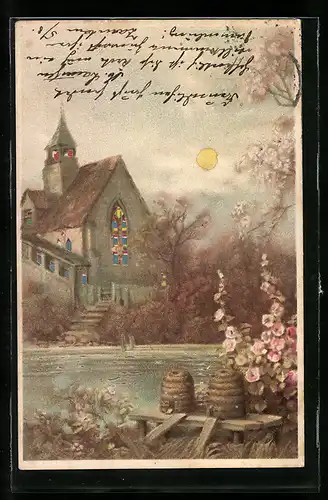 Lithographie Uferpartie mit Kirche und Bienenstöcken, Halt gegen das Licht: Mondschein und Buntglasfenster