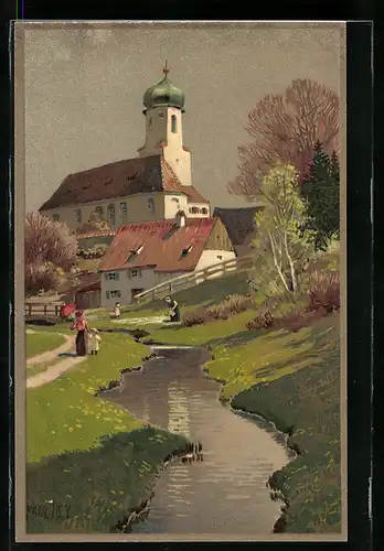 Künstler-Lithographie Paul Hey: Kirche und Partie an einem Bach