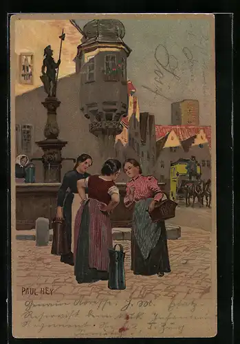 Künstler-Lithographie Paul Hey: Ortspartie mit Frauen am Brunnen und Postkutsche