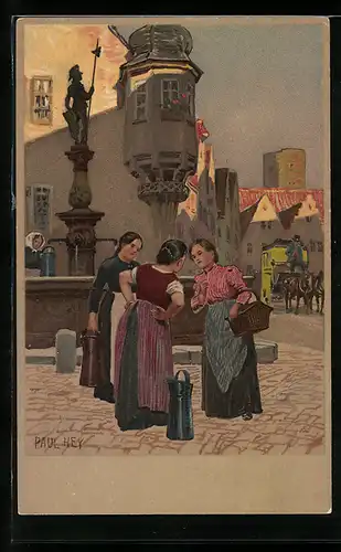 Künstler-Lithographie Paul Hey: Ortspartie mit Frauen am Brunnen und Postkutsche