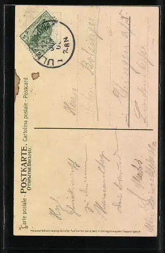 Künstler-Lithographie Paul Hey: Osterstimmung, Kinder beim Ostereiersuchen