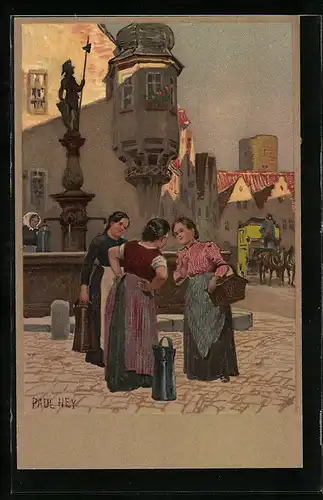 Künstler-Lithographie Paul Hey: Ortspartie mit Frauen am Brunnen und Postkutsche