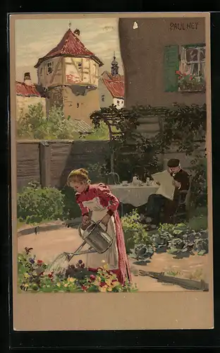 Künstler-Lithographie Paul Hey: Sommeridyll im stillen Garten