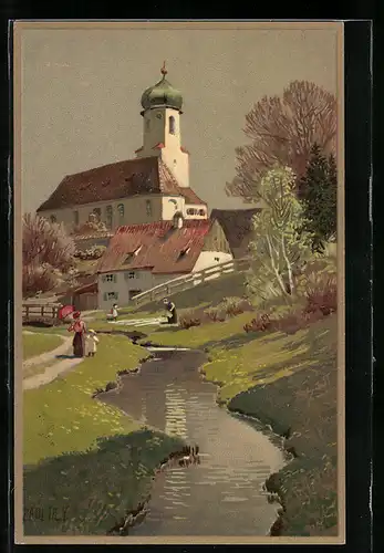 Künstler-Lithographie Paul Hey: Kirche und Partie an einem Bach