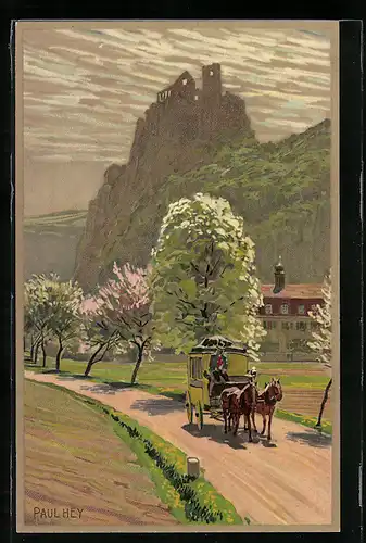 Künstler-Lithographie Paul Hey: Postkutsche auf frühlingshafter Strasse, Burgruine auf Felszinne