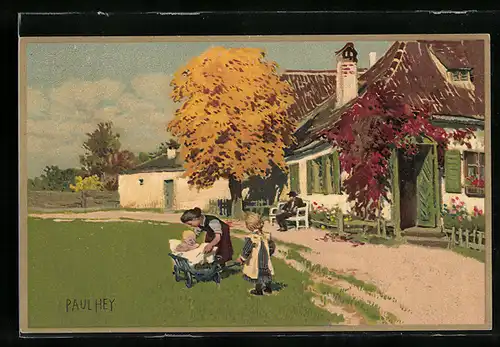 Künstler-Lithographie Paul Hey: Neugeborenes im Bollerwagen, Herbststimmung