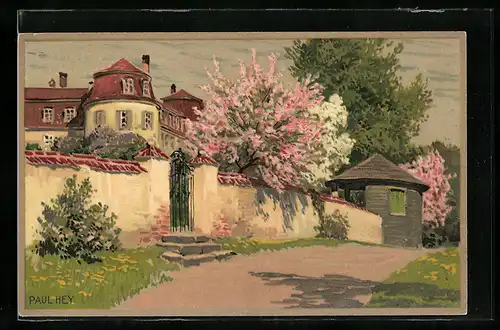 Künstler-Lithographie Paul Hey: Ortspartie bei Baumblüte