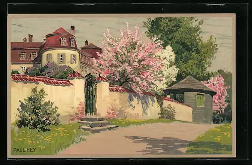 Künstler-Lithographie Paul Hey: Ortspartie bei Baumblüte