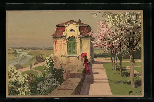 Künstler-Lithographie Paul Hey: Frau an der Mauer geniesst die schöne Aussicht