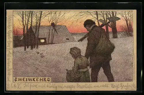 Künstler-Lithographie Paul Hey: Heimkehr in der winterlichen Abenddämmerung