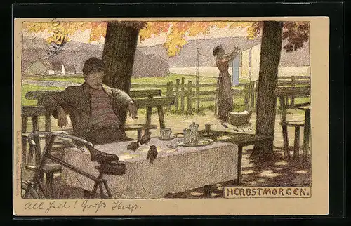 Künstler-Lithographie Paul Hey: Sonniger Herbstmorgen