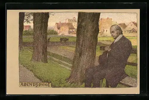 Künstler-Lithographie Paul Hey: Rastender auf einer Bank in der Abensdsonne