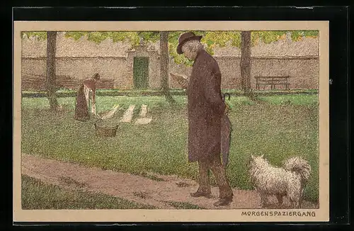 Künstler-Lithographie Paul Hey: älterer Herr mit Hund macht seinen Morgenspaziergang