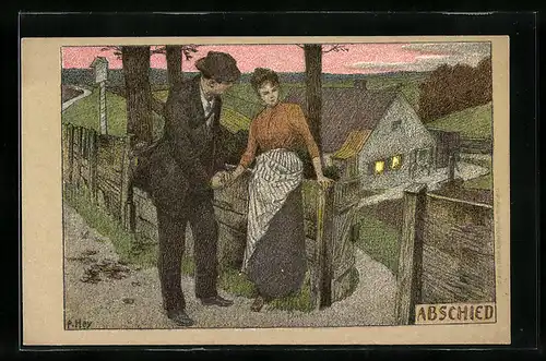 Künstler-Lithographie Paul Hey: Abschied, Mann verabschiedt sich von seiner Liebsten