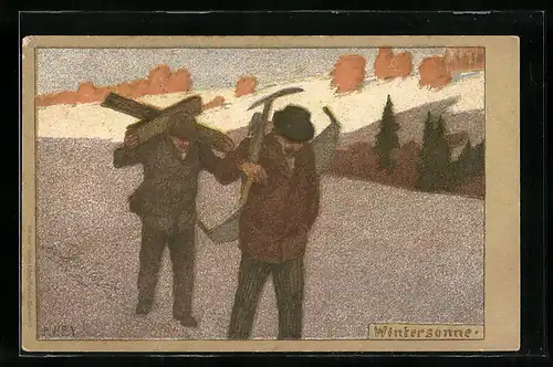 Künstler-Lithographie Paul Hey: Forstarbeiter in der Wintersonne