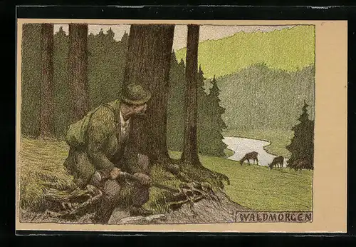 Künstler-Lithographie Paul Hey: Jäger mit Gewehr an einem Herbstmorgen