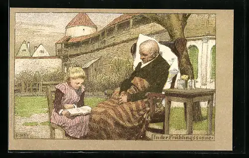 Künstler-Lithographie Paul Hey: In der Frühlingssonne - Kranker und vorlesendes Mädchen