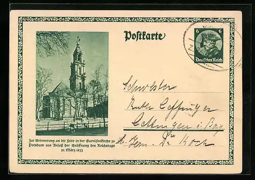 AK Potsdam, Garnisonkirche, Eröffnung des Reichstags 1933, Ganzsache