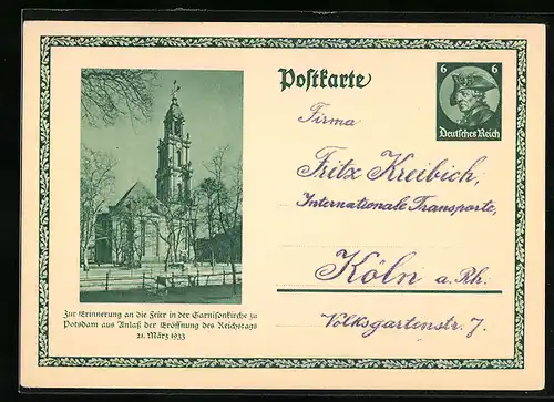AK Potsdam, Blick auf die Garnisonkirche, Eröffnung des Reichstags 1933, Ganzsache