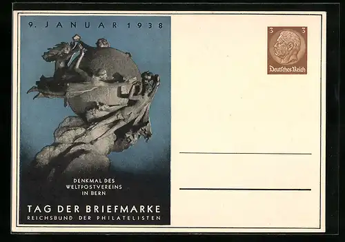 AK Berlin, Tag der Briefmarke 1938, Denkmal des Weltpostvereins Bern, Ganzsache