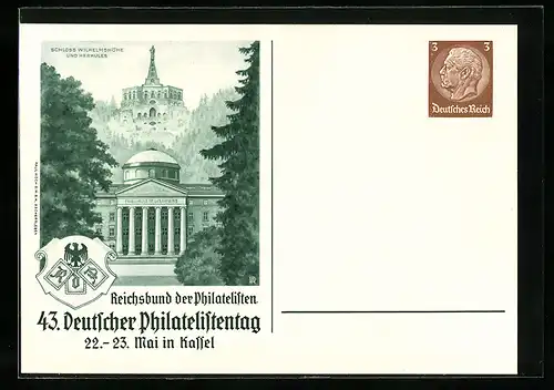 AK Kassel, Reichsbund der Philatelisten, 43. Deutscher Philatelistentag 1937, Schloss Wilhelmshöhe, Herkules, Ganzsache