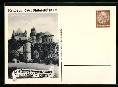 AK Kassel, Briefmarken-Ausstellung Kurhessen-Thüringen, Löwenburg, Ganzsache