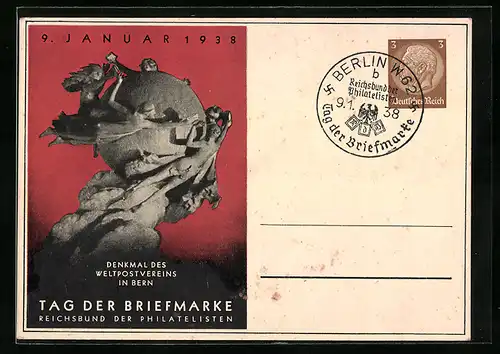 AK Berlin, Tag der Briefmarke 1938, Denkmal des Weltpostvereins Bern, Ganzsache