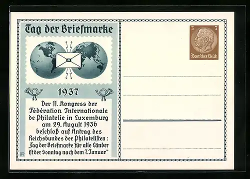 AK Luxemburg, Tag der Briefmarke, 11. Kongress der Federation Internationale de Philatelie 1936, Ganzsache