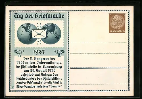 Ganzsache-AK Luxemburg, Tag der Briefmarke, 11. Kongress der Federation Internationale de Philatelie 1936