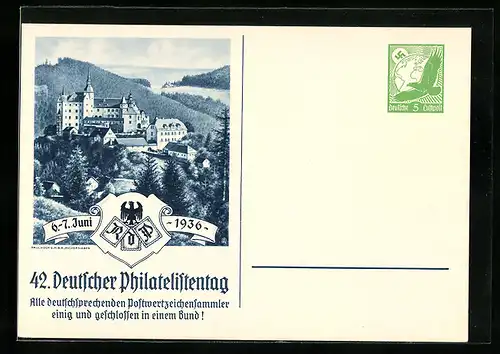AK Lauenstein, 42. Deutscher Philatelistentag 1936, Blick zur Burg Lauenstein, Ganzsache