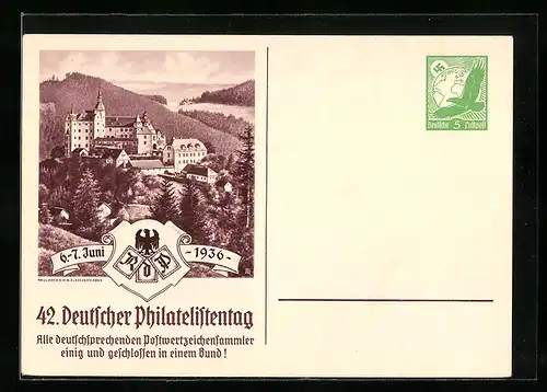 AK Lauenstein, 42. Deutscher Philatelistentag 1936, Blick zur Burg Lauenstein, Ganzsache