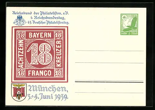 AK München, Reichsbundestag, Dt. Philatelistentag 1939, Achtzehn Bayern Franco Kreuzer Deutsche Luftpost, Ganzsache