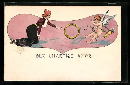 Künstler-AK Hans Starcke: Der unartige Amor, Amor lockt eine Frau mit einem Ehering