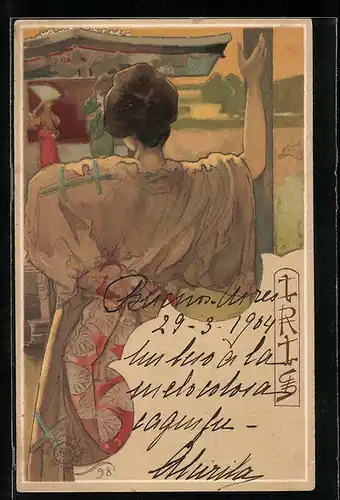 Künstler-AK sign. Giovanni Mataloni: Elegante Dame im Kimono, Jugendstil