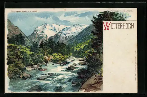 Lithographie Wetterhorn, Blick auf das Massiv, Mondsichel und Alpenglühen, Halt gegen das Licht