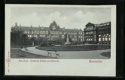Mondschein-AK Manchester, Peel Park, Technical School and Museum, Halt gegen das Licht