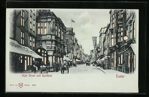 AK Exeter, High Street and Guildhall, Halt gegen das Licht