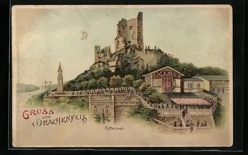 Lithographie Burgruine Drachenfels, leuchtende Fenster und Mond, Halt gegen das Licht