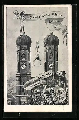 AK München, 13. Deutsches Turnfest 1923, Sportler turnen auf der Frauenkirche, Münchener Kindl, Wappen, Ganzsache