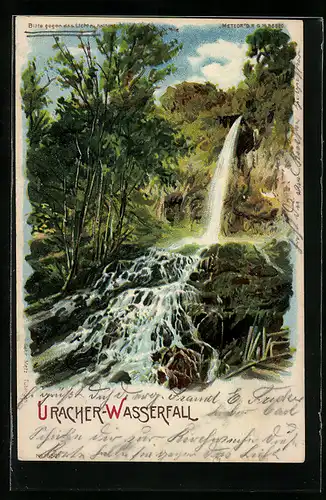 Lithographie Urach, Motiv vom Wasserfall, Halt gegen das Licht