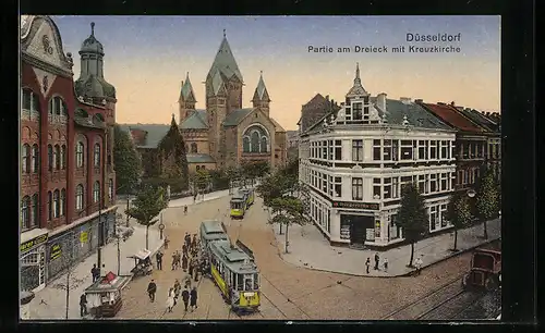 AK Düsseldorf, Strassenpartie am Dreieck mit Gasthaus Bürgerbräu, Kreuzkirche und Strassenbahn