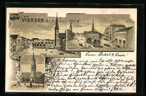 Lithographie Viersen, Remigius-Platz mit Kirche, Neumarkt, Kaiser- & Krieger-Denkmal